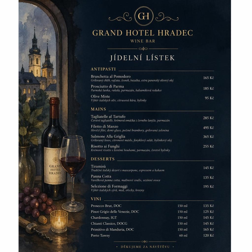 Akvarelový A4 jídelní lístek vinného baru Grand Hotel Hradec v tmavé náladové paletě s dekorativní hlavičkou a cenami.