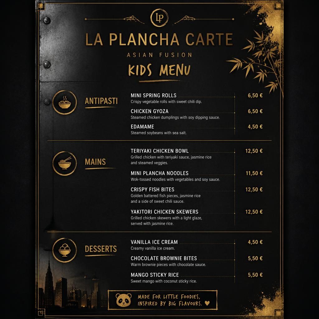 Carte menu enfant A4 portrait asian fusion, style loft industriel noir et or, avec en-têtes, plats factices et prix.