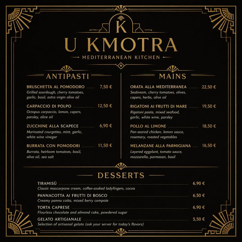 Dezertní menu A4 pro u kmotra menu ve stylu Art Deco, černo-zlatá karta s dekorativní hlavičkou a cenami.