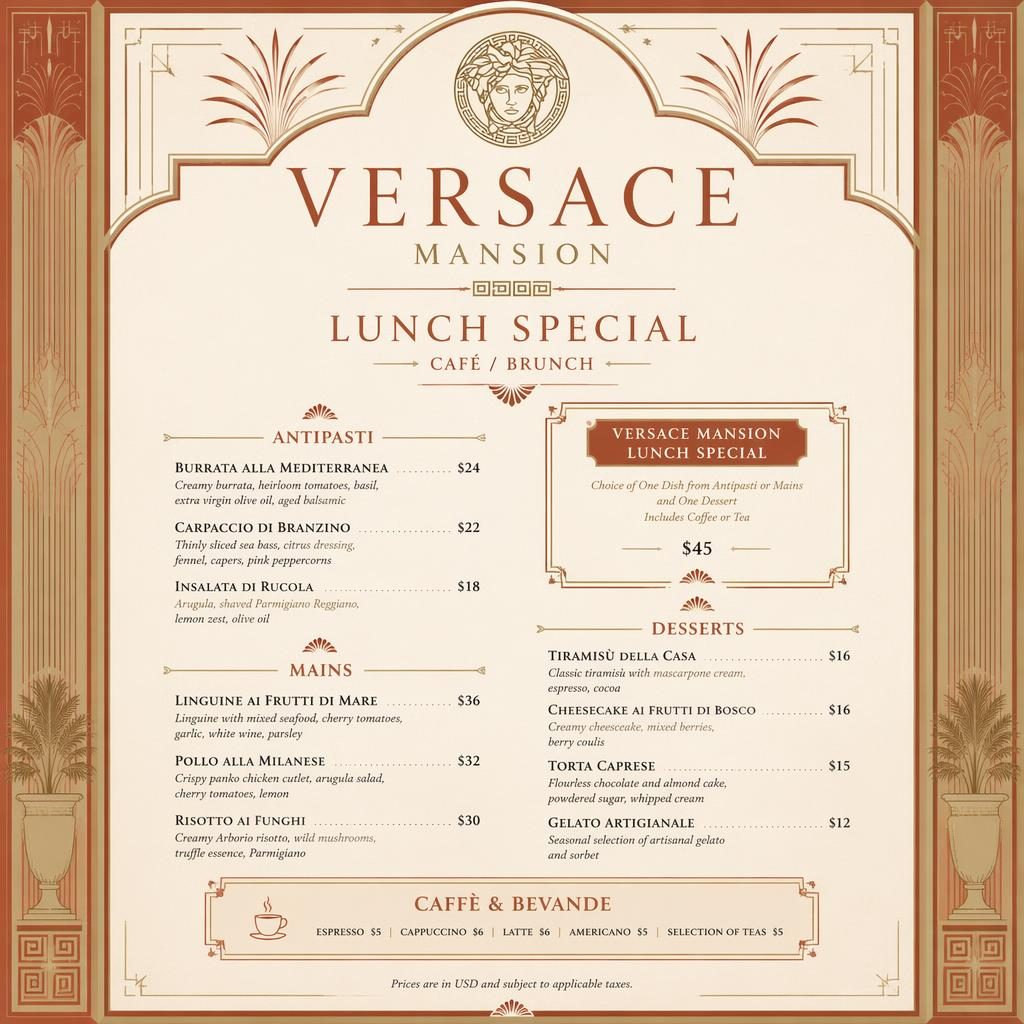 A4 portrait dessert menu card in art deco style with warm cream and rust tones, decorative header, placeholder dish names, and prices.