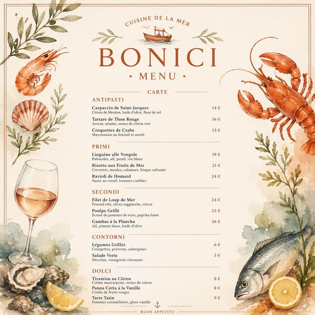 Carte des vins bonici menu au format A4 portrait, style aquarelle crème et rouille, en-tête décoratif et mise en page élégante.
