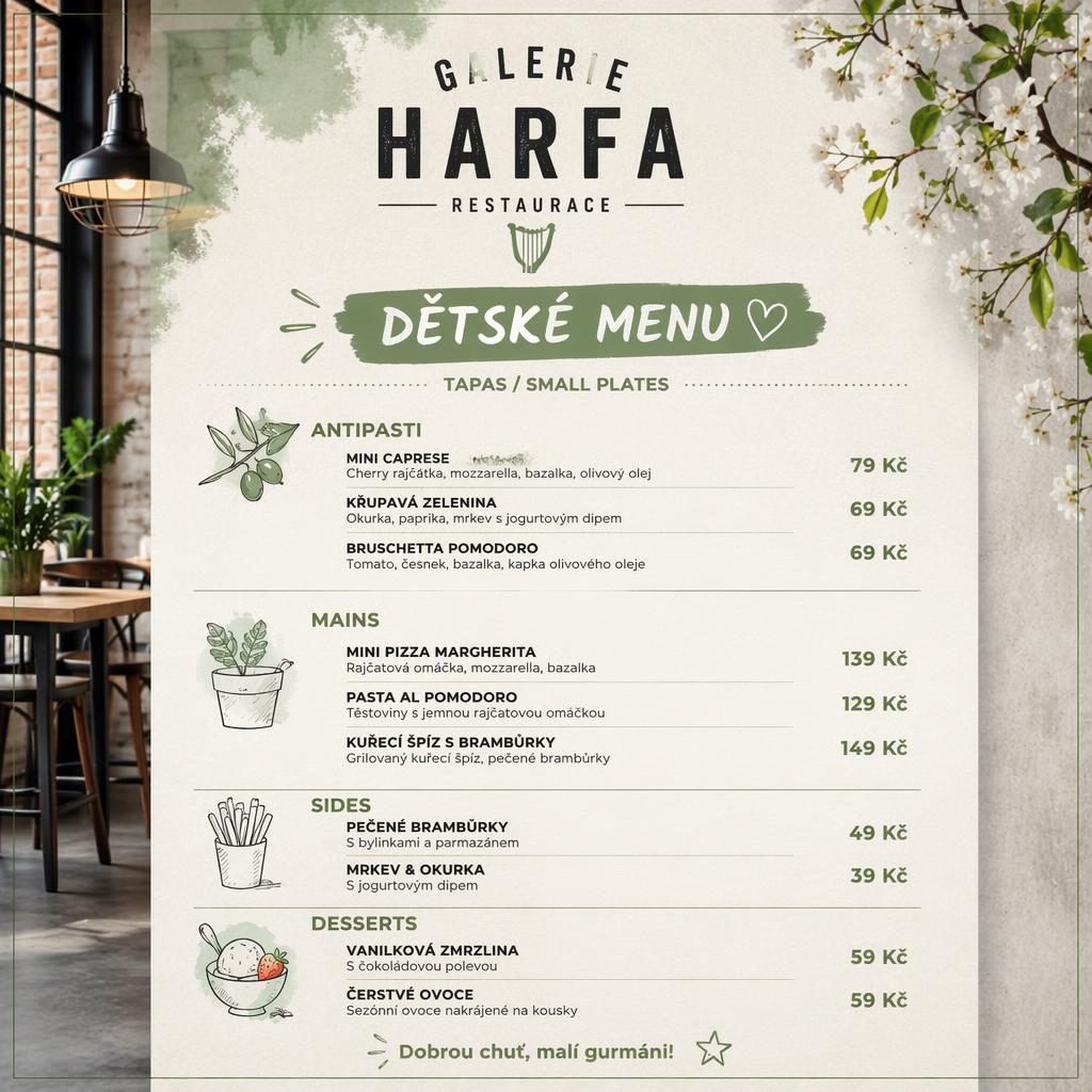 Tisková A4 karta dětského menu pro galerie harfa restaurace v industriálním loft stylu se sekcemi, cenami a jarní paletou.