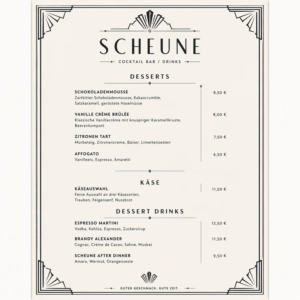 A4-Dessertkarte für restaurant scheune im Art-Déco-Look, monochrom, mit Zierkopf, Platzhaltertext und Preisspalte