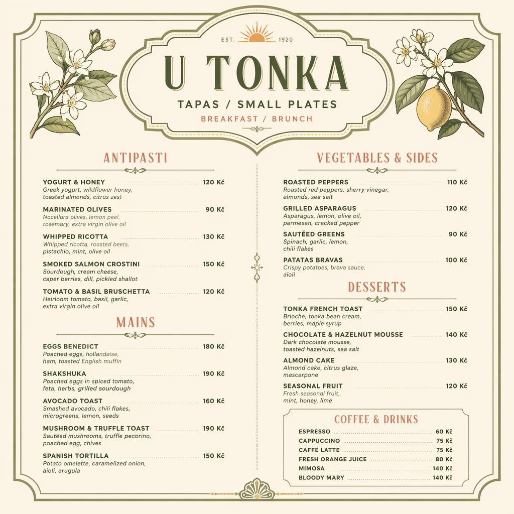 Vintage menu karta A4 na výšku pro u tonka menu, brunch styl 20. let, jarní paleta, dekorativní hlavička a ceny.