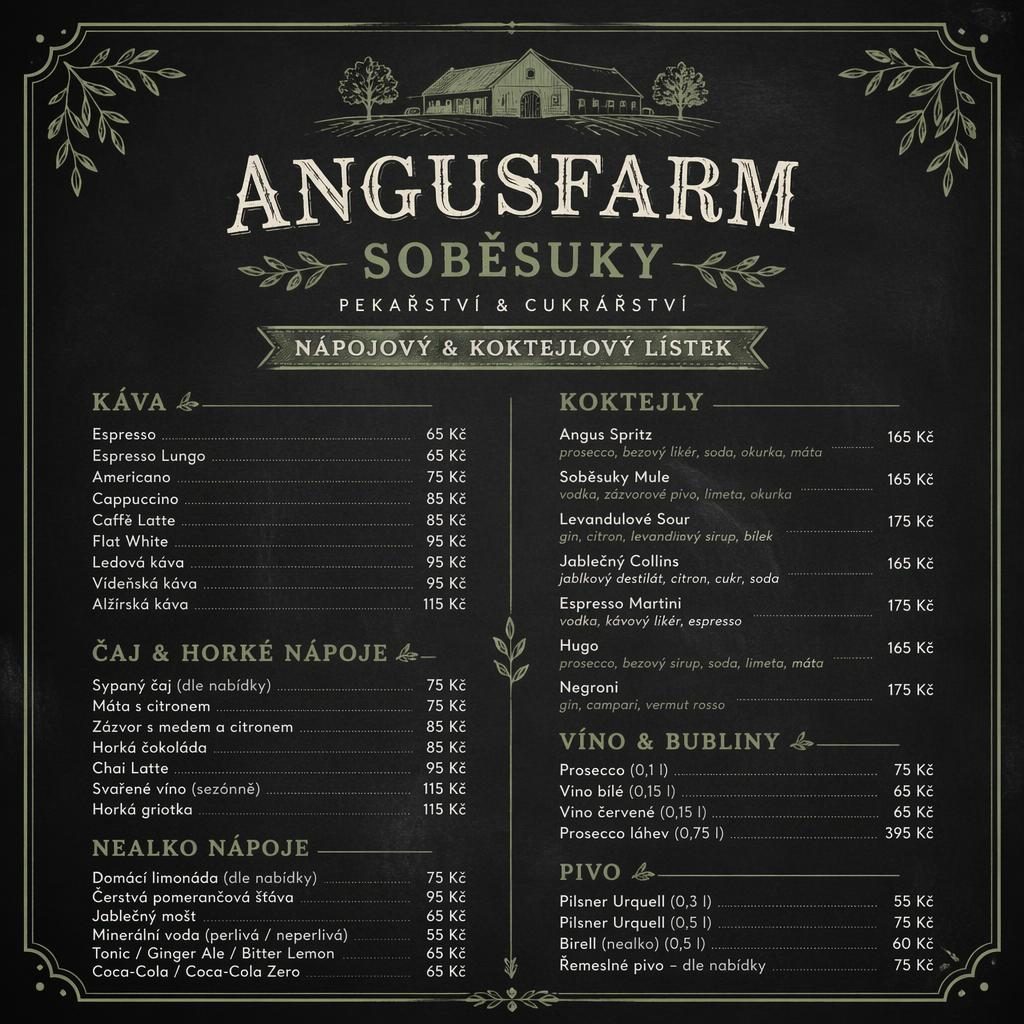 A4 nápojový a koktejlový lístek angusfarm soběsuky v křídovém cafe stylu, šalvějová a krémová paleta.