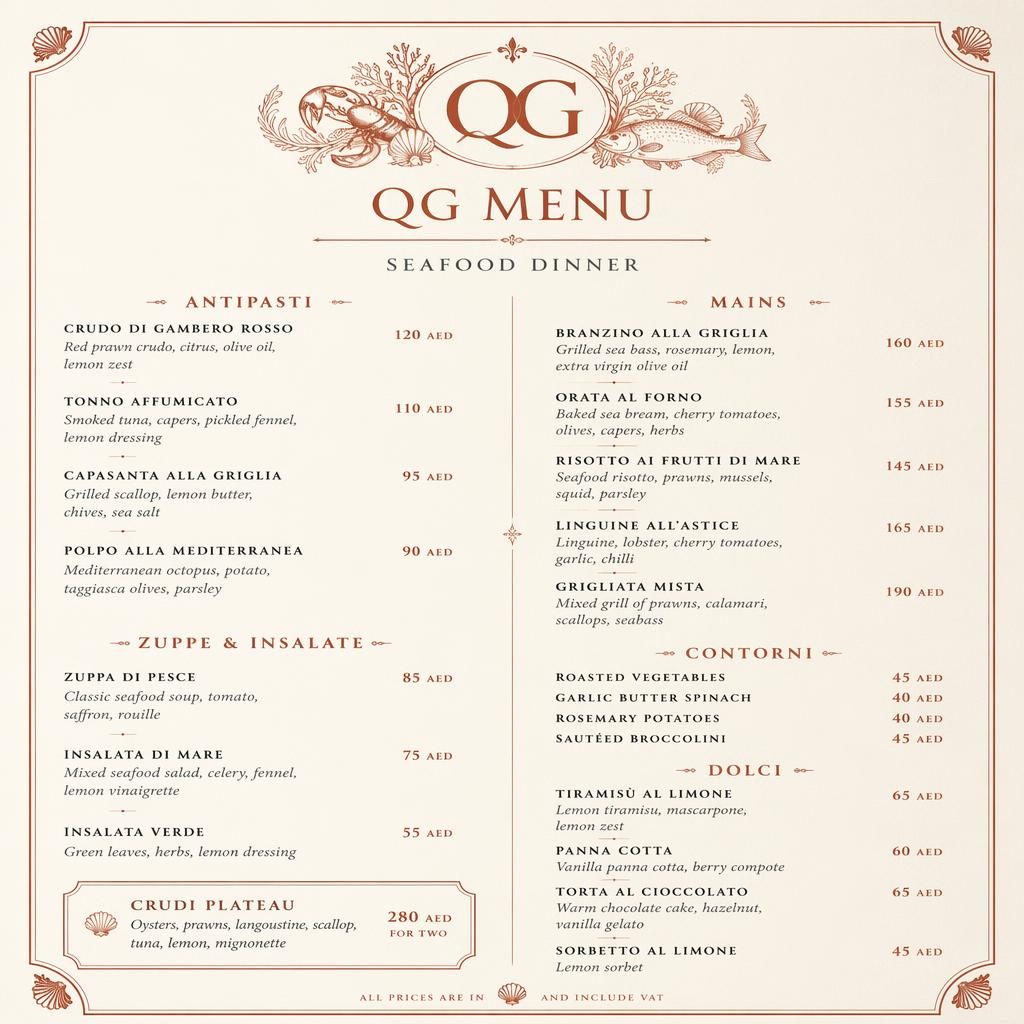 Carte de menu A4 verticale pour qg menu, style gastronomique luxe, tons crème chaud et rouille, sections et colonne de prix.