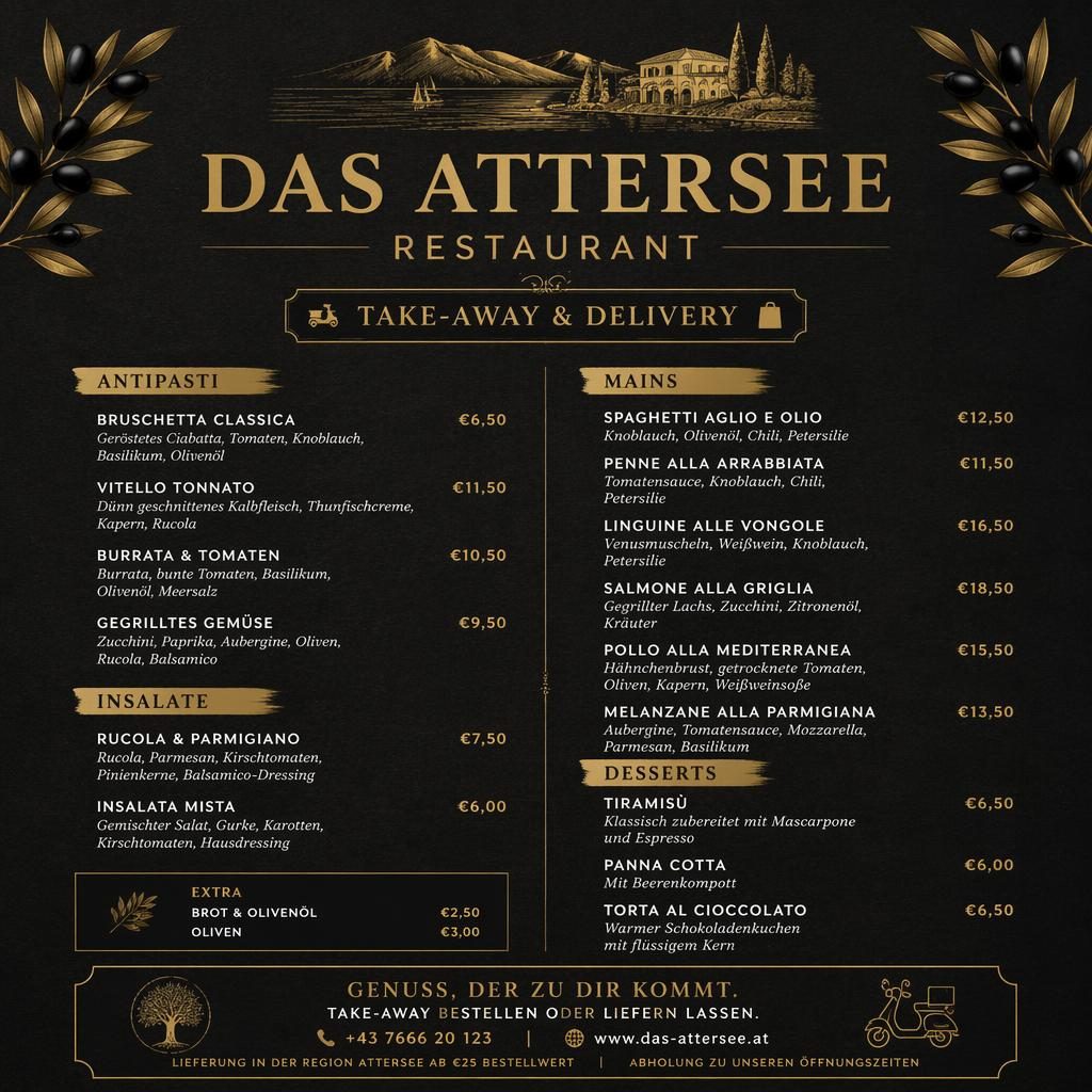 A4-Menükarte für das attersee restaurant im rustikal-warmen Schwarz-Gold-Design mit mediterranen Rubriken und Preisen.