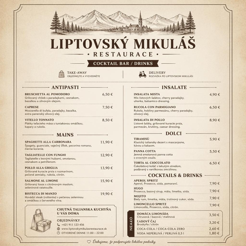 A4 menu karta na drinky pro liptovský mikuláš restaurace, rustikální vzhled, monochromatická paleta a sloupce s cenami.