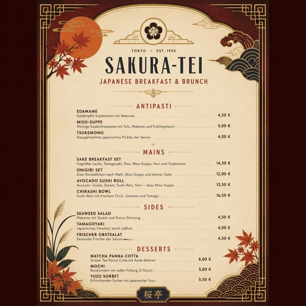 A4-Menükarte im Vintage-1920er-Stil für japanisches Sushi-Brunch mit Herbstfarben, Zierkopf, Platzhaltertext und Preisen.