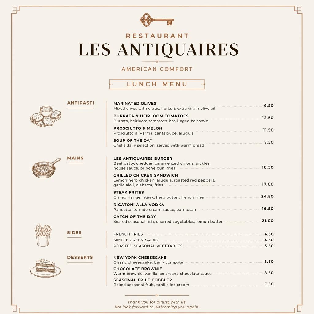 Carte de menu déjeuner A4 en portrait pour restaurant les antiquaires, style suisse minimaliste aux tons terre chauds.