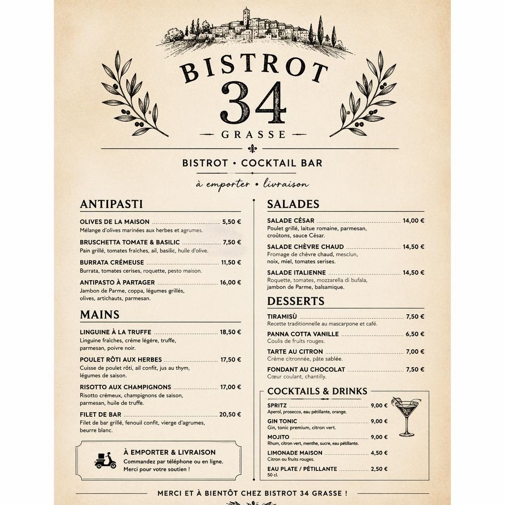 Carte de menu A4 portrait pour bistrot 34 grasse menu, style rustique chaud monochrome, rubriques, plats et prix.