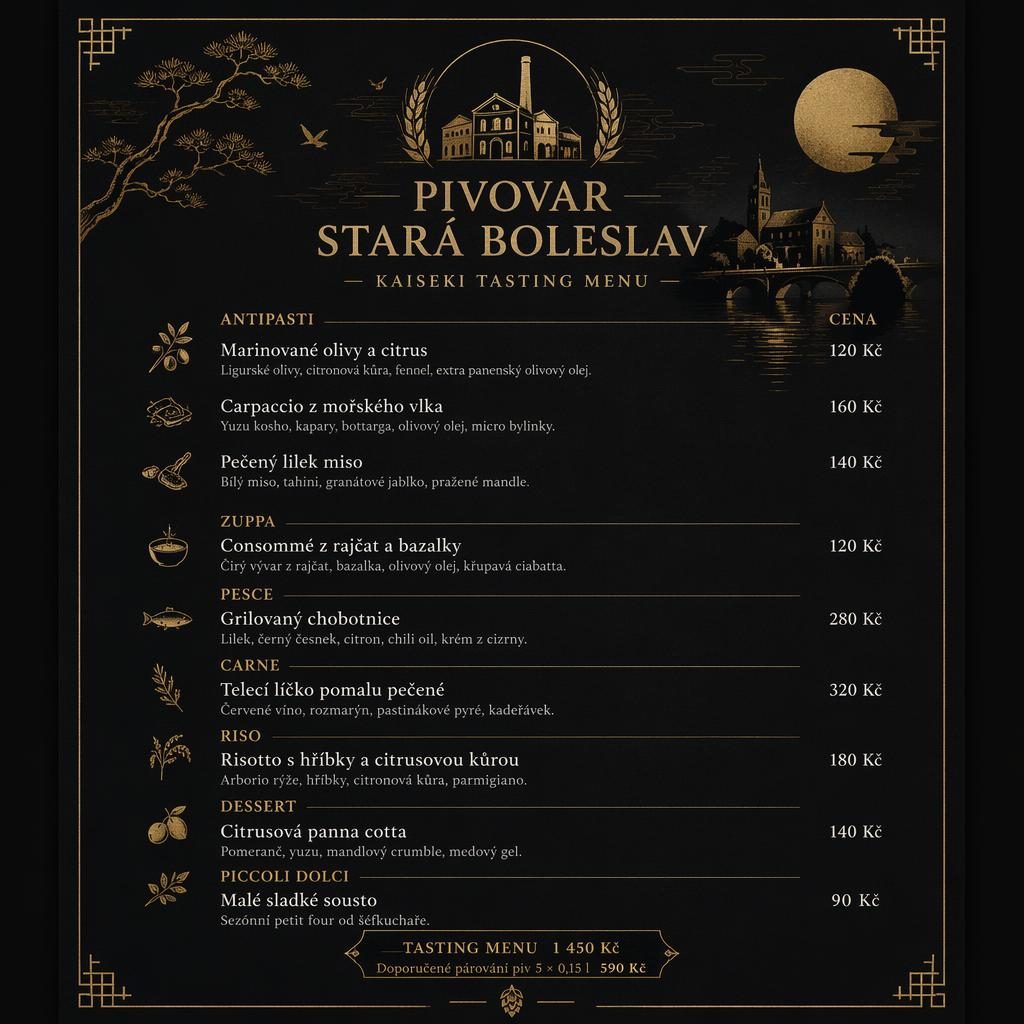Ilustrace menu karty A4 pro pivovar stará boleslav v černo-zlaté paletě, s degustačním menu a cenovým sloupcem.