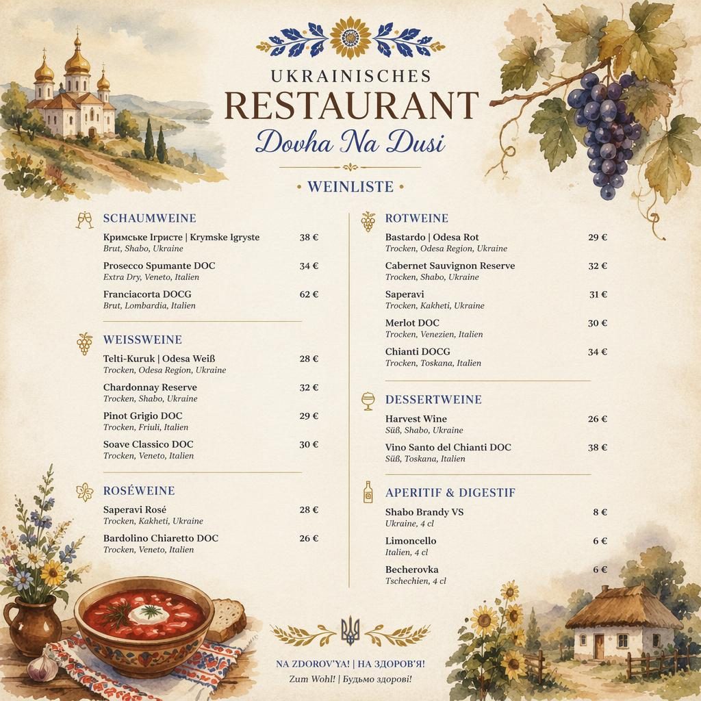 A4-Weinkarte im Aquarellstil für ukrainisches restaurant, warme Erdtöne, dekorativer Kopf, Platzhaltertexte und Preisspalte