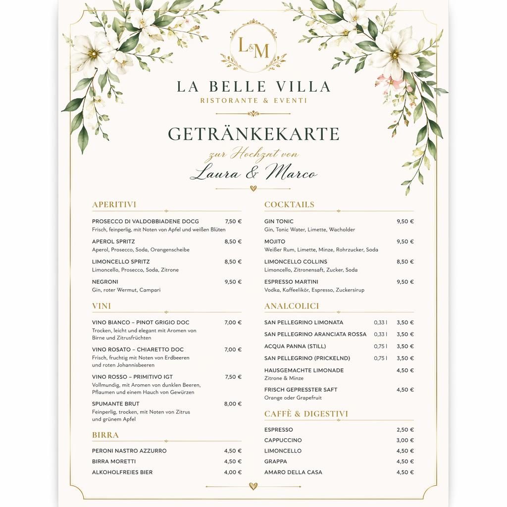 A4-Menükarte im Hochformat mit Frühlingsfarben, dekorativem Header, Platzhaltertext, Preisleiste und Fine-Dining-Look