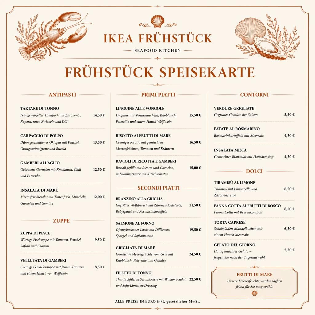A4-Menükarte im Fine-Dining-Stil in Creme und Rost mit Seafood-Gerichten, Deko-Header, Platzhaltertext und Preisen.
