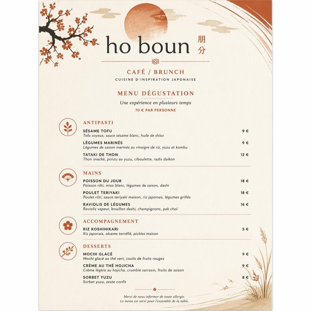 Carte menu dégustation A4 portrait pour restaurant ho boun, palette crème chaude et rouille, style kaiseki japonais.