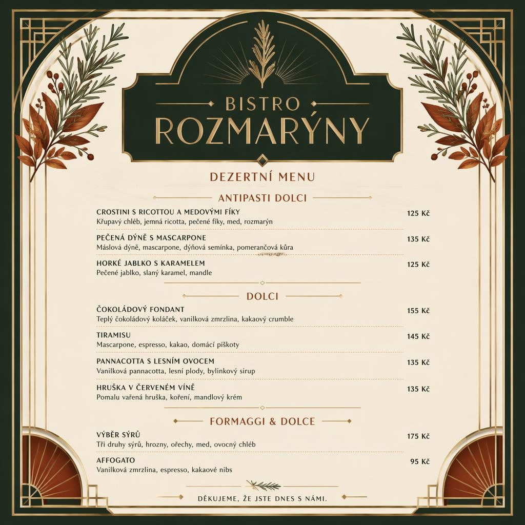 A4 dezertní menu pro bistro rozmarýny v art deco stylu, podzimní paleta, dekorativní záhlaví a sloupec cen.