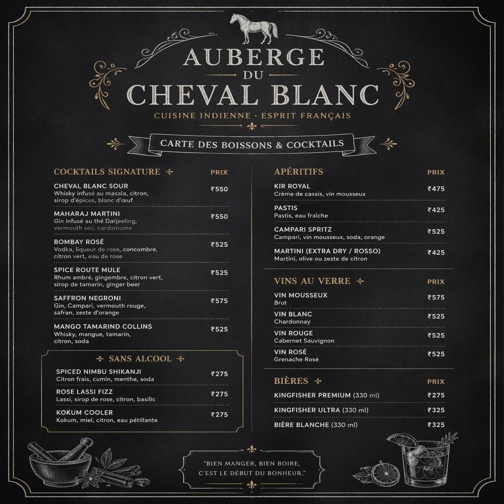 Carte de menu A4 portrait style ardoise sombre pour cocktails indiens, avec en-tête décoratif, rubriques et colonne de prix.