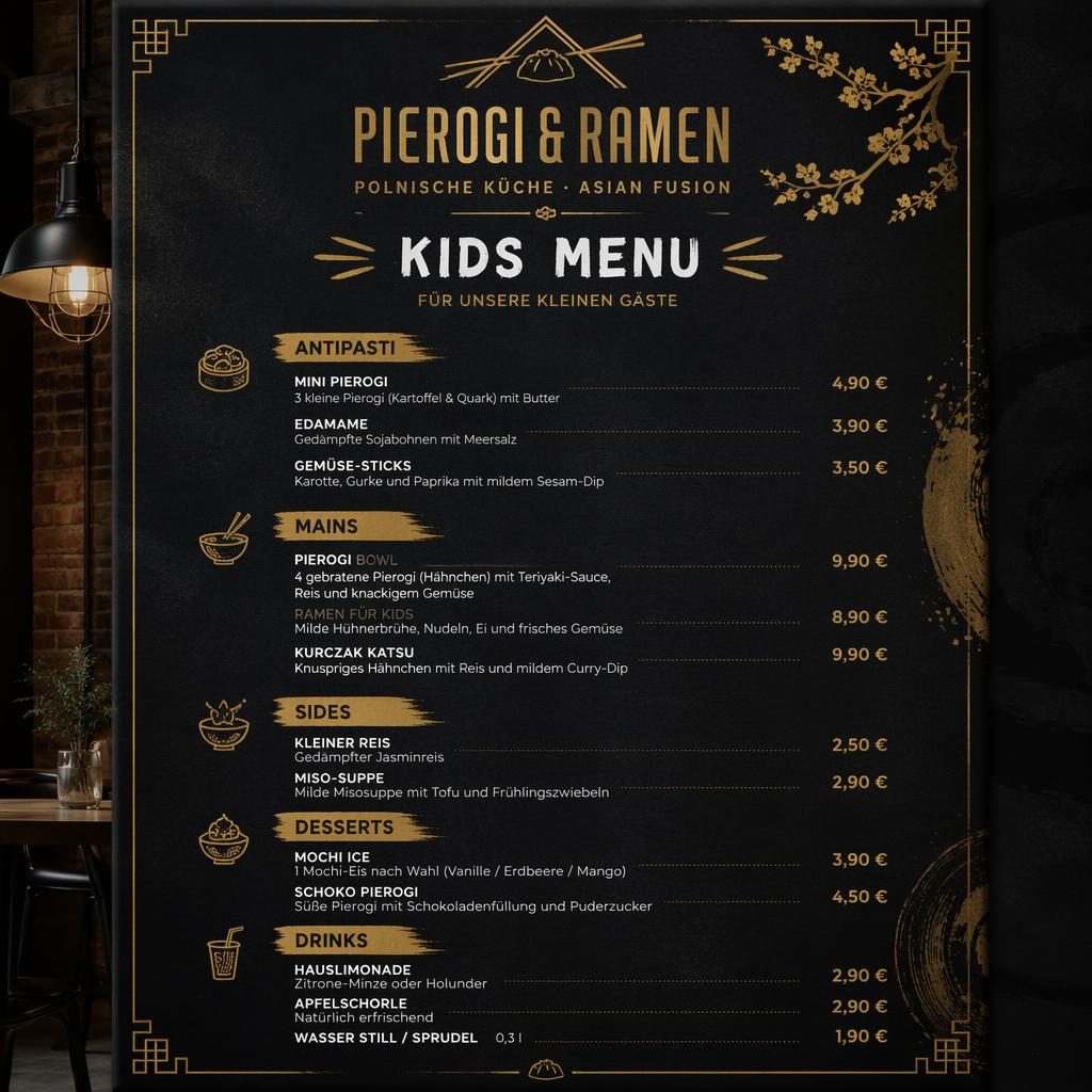 A4-Kinder-Menükarte für polnisches restaurant, Schwarz-Gold, Industrial-Loft, mit Platzhaltertext und Preisspalte