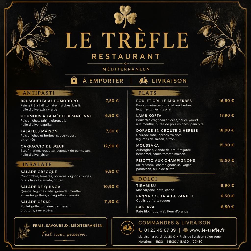 Carte de menu A4 en portrait pour le trefle restaurant, style rustique chic noir et or, rubriques, plats et prix.