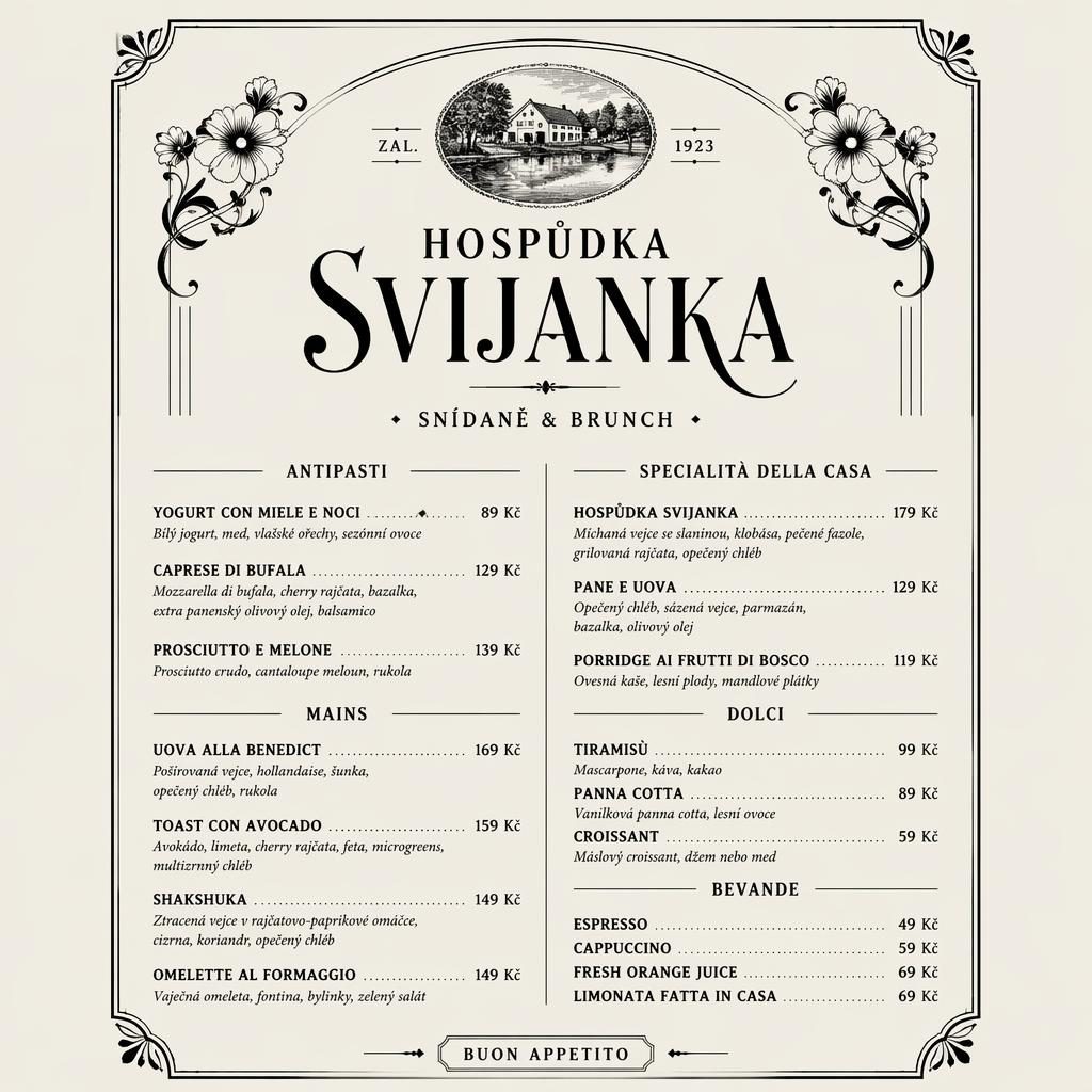 A4 menu karta pro hospůdka svijanka ve vintage stylu 20. let, monochromatická, s dekorativní hlavičkou a cenami.