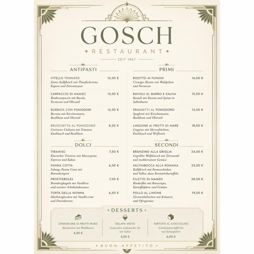 A4-Dessertkarte für gosch restaurant im Art-Déco-Layout in Salbei und Elfenbein mit Deko-Kopf, Platzhaltertext und Preisen.