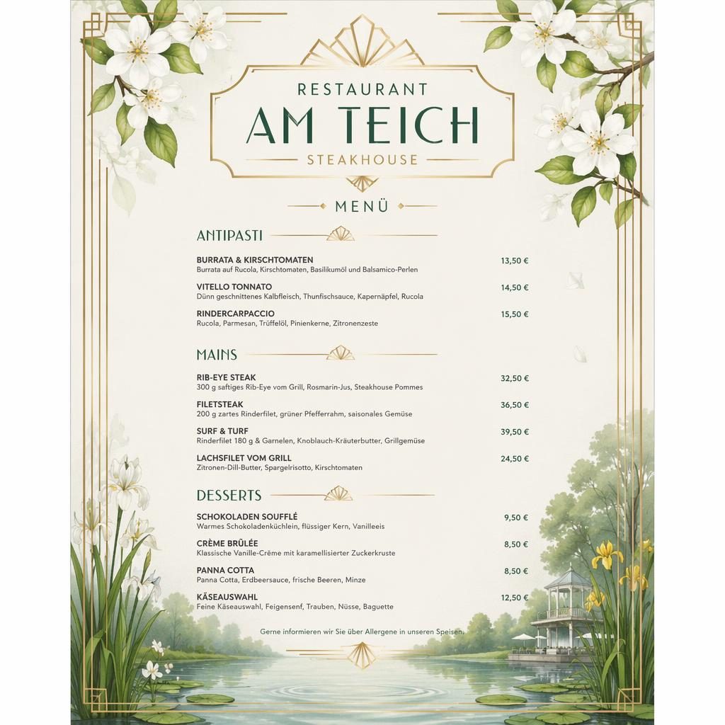 A4-Dessertkarte im Art-déco-Stil für restaurant am teich, frische Frühlingsfarben, Zierkopf, Platzhaltertext und Preisspalte