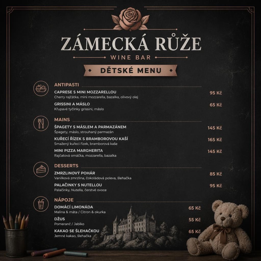 Tisková karta dětského menu pro vinný bar v A4 na výšku, tmavá industriální loft estetika, dekorativní záhlaví a ceny.