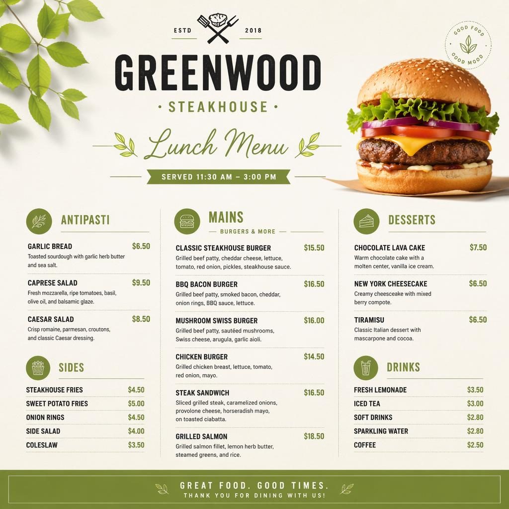 A4 portrait steakhouse lunch menu card with minimalist Swiss layout, spring palette, section headings, dish placeholders, and prices.
