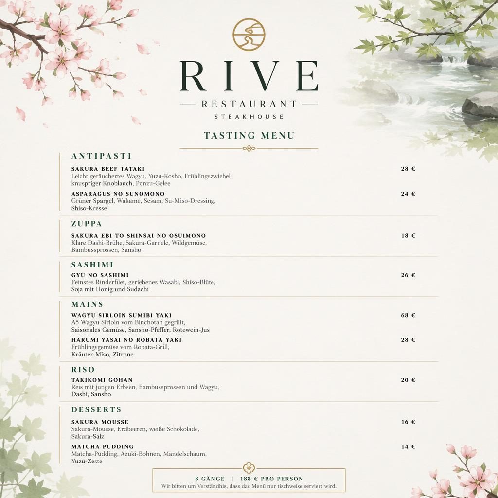 A4-Menükarte für rive restaurant im japanischen Kaiseki-Stil mit Frühlingsfarben, Platzhaltertext und Preisspalte