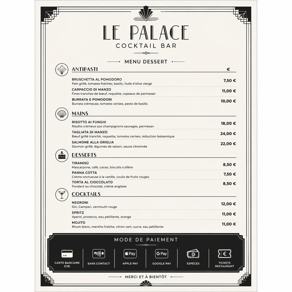 Carte de desserts A4 en portrait, style art déco monochrome, avec en-tête décoratif, sections, prix et typographie factice.