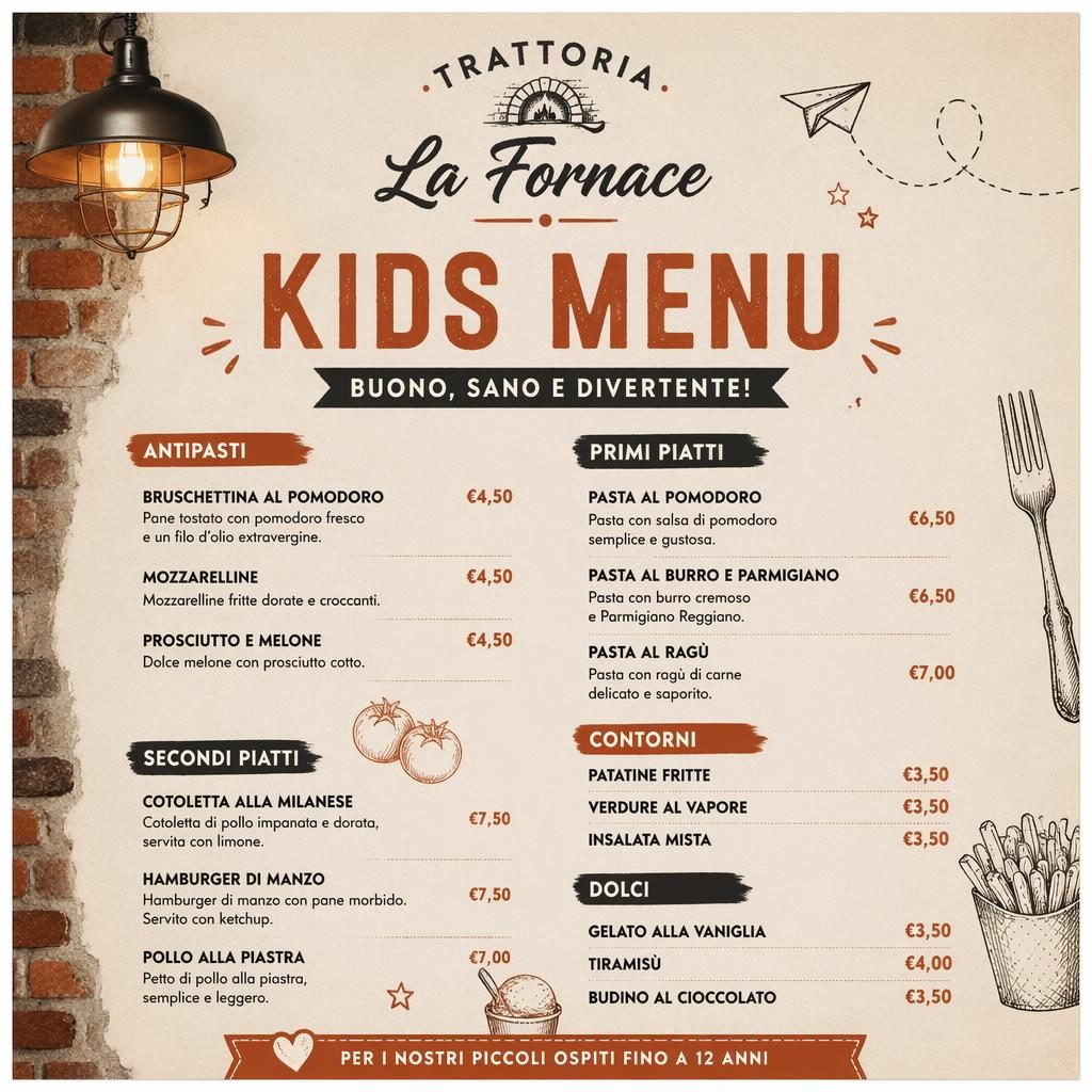 A4 portrait Italian kids menu card with industrial loft style, warm earth tones, section headings, placeholder dishes, and prices.