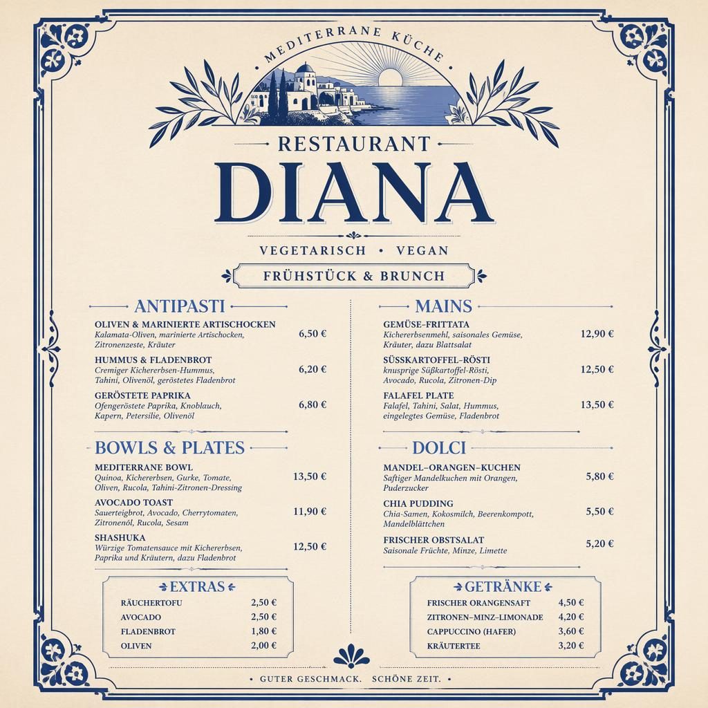 A4-Speisekarte für Restaurant Diana, Frühstück/Brunch, Vintage-1920er in Blau und Creme mit Platzhaltertext und Preisen