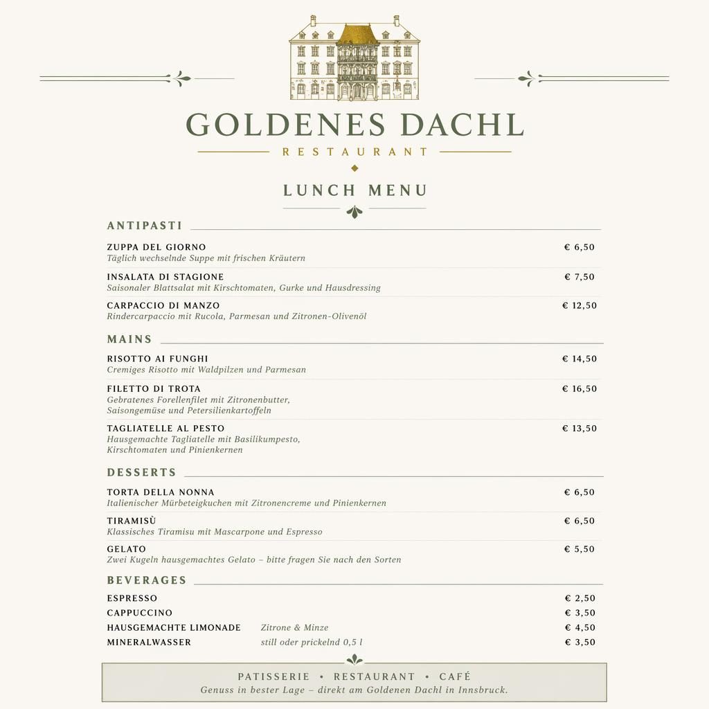 A4-Menükarte für goldenes dachl restaurant in Salbei und Elfenbein, minimalistisches Swiss-Layout mit Preisspalte.