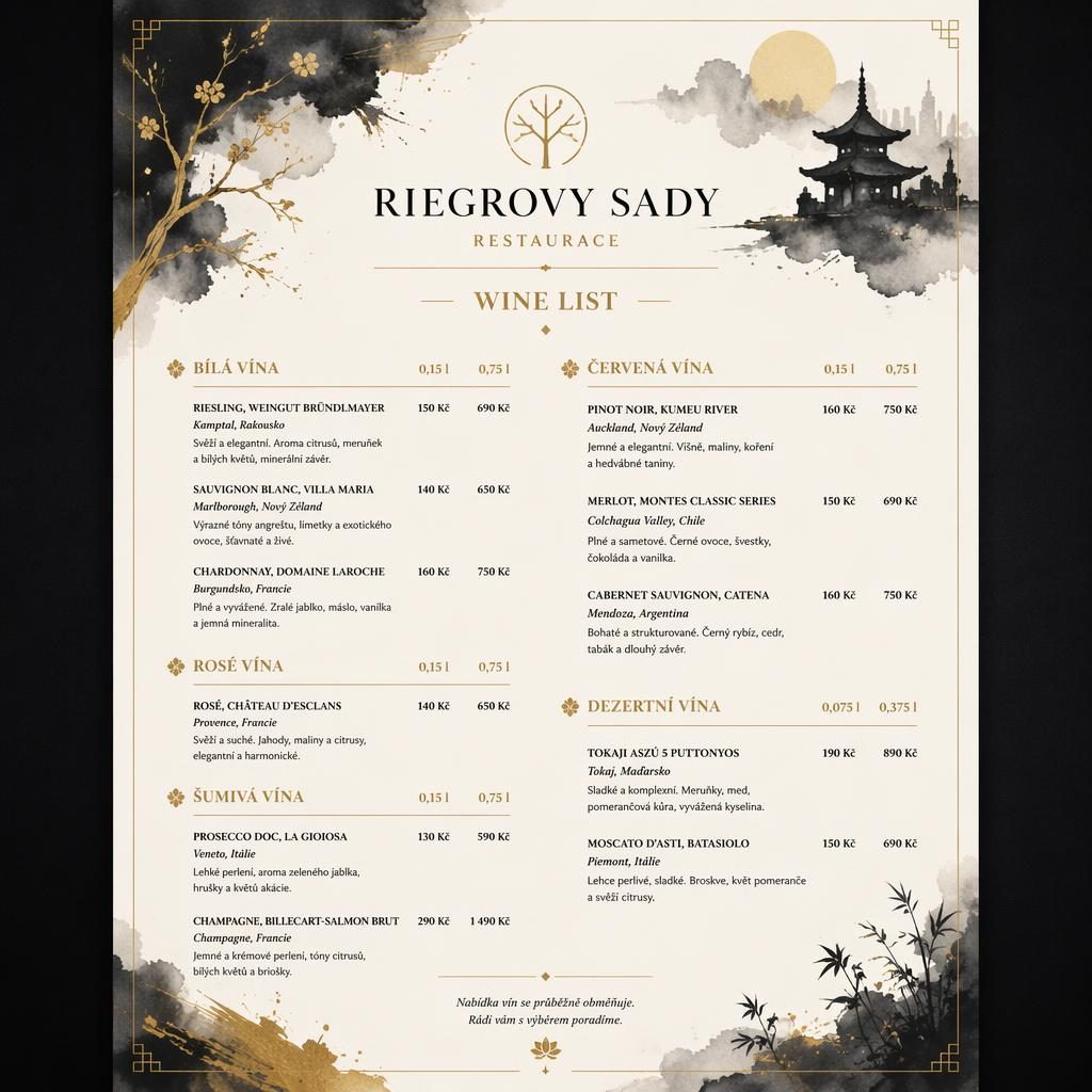 Ilustrace menu A4 na výšku pro riegrovy sady restaurace, vinný lístek v akvarelovém stylu s černo-zlatou paletou.