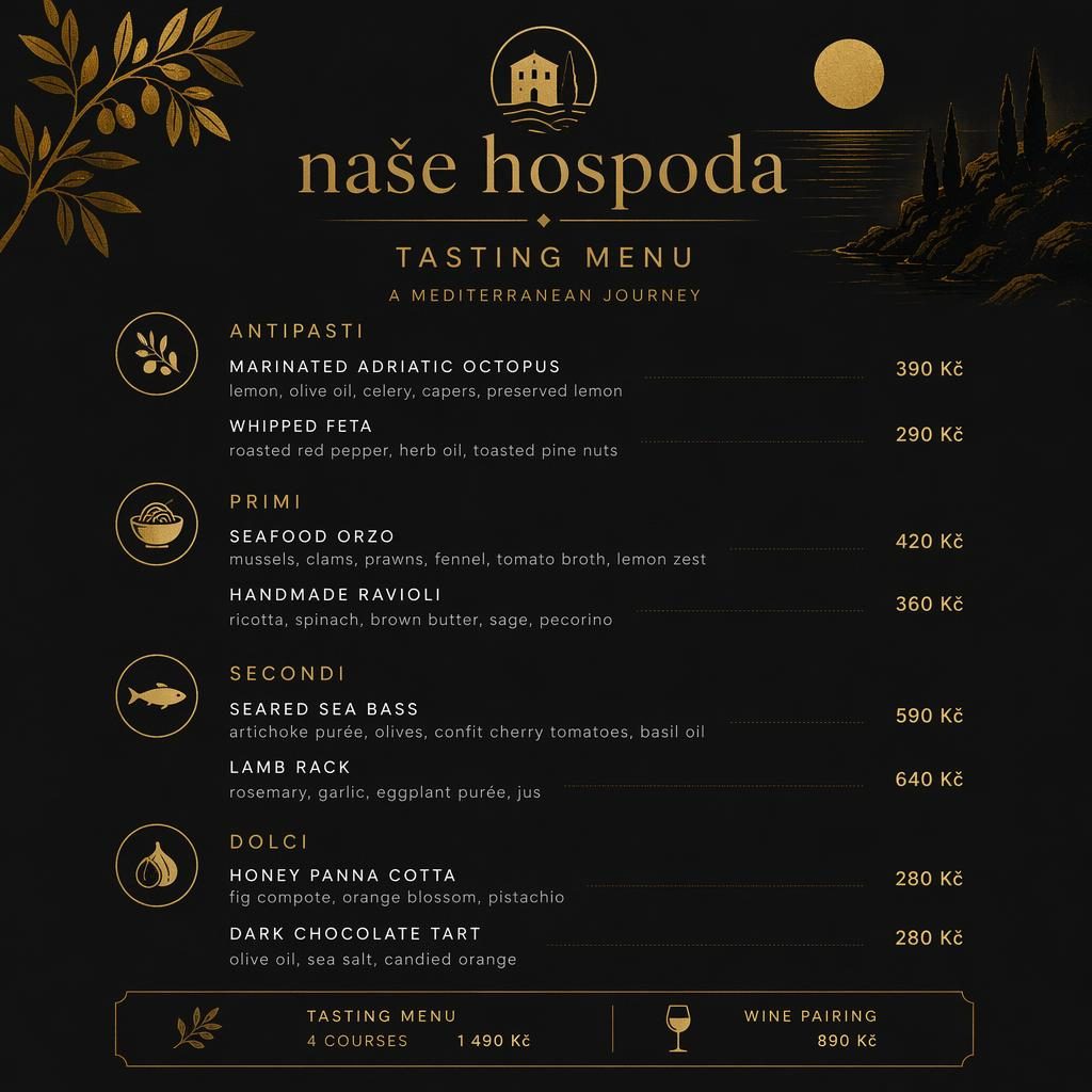 A4 menu karta pro naše hospoda v černo-zlaté paletě, s dekorativní hlavičkou, sekcemi, názvy jídel a cenami.