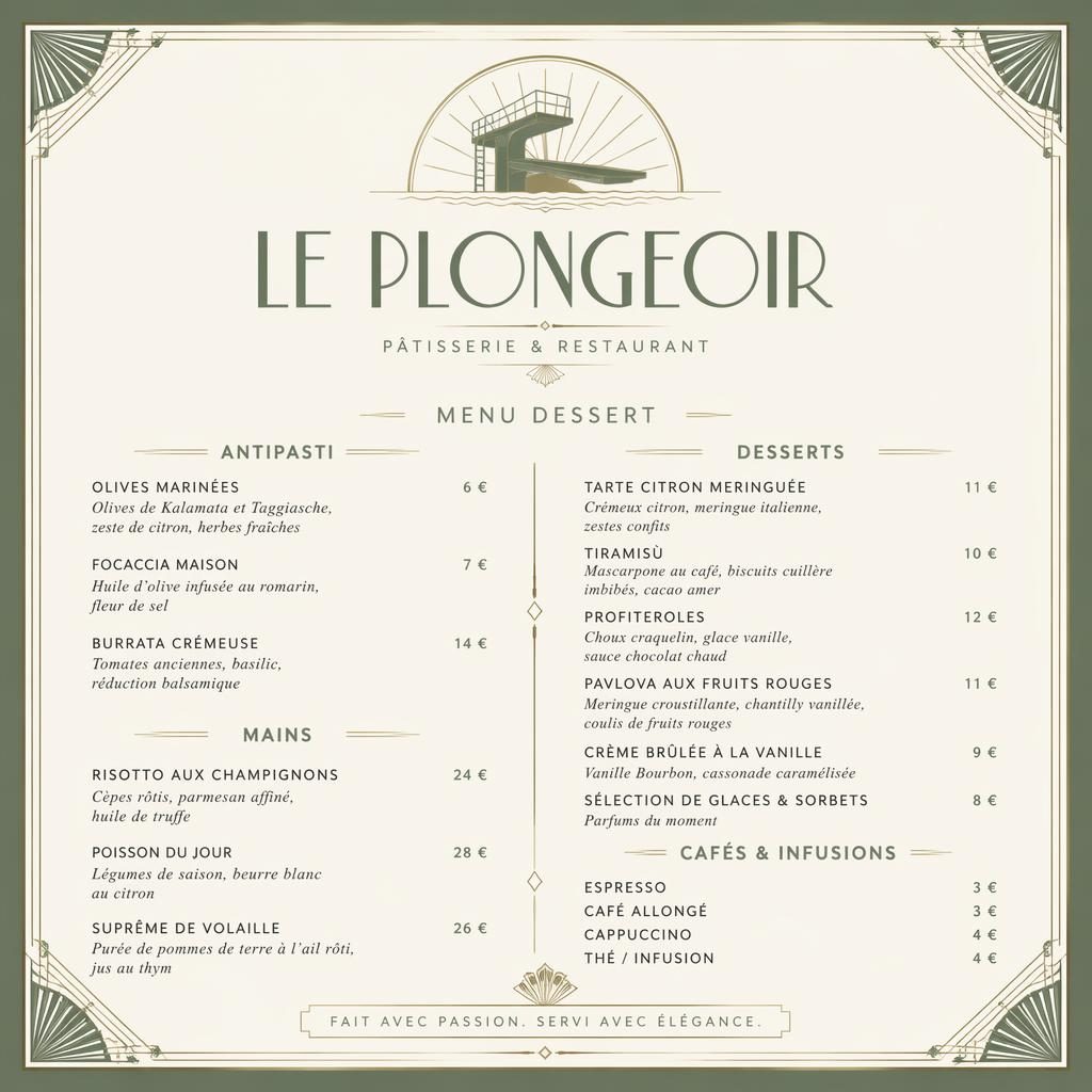 Carte de desserts A4 en portrait, style Art déco vert sauge et ivoire, avec en-tête décoratif, typographie guide et colonne de prix.