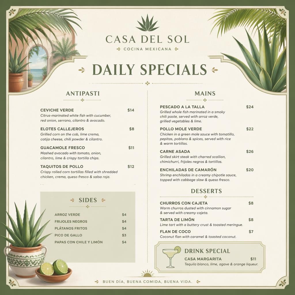 A4 portrait Mexican daily specials menu card with tropical resort styling, sage and ivory palette, header, sections, and price column.