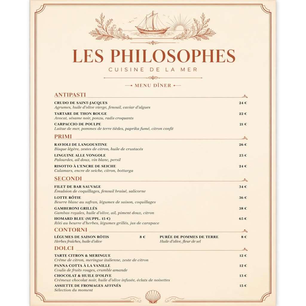 Carte de menu A4 portrait luxe en tons crème chaud et rouille, avec en-tête décoratif, rubriques et colonne de prix.