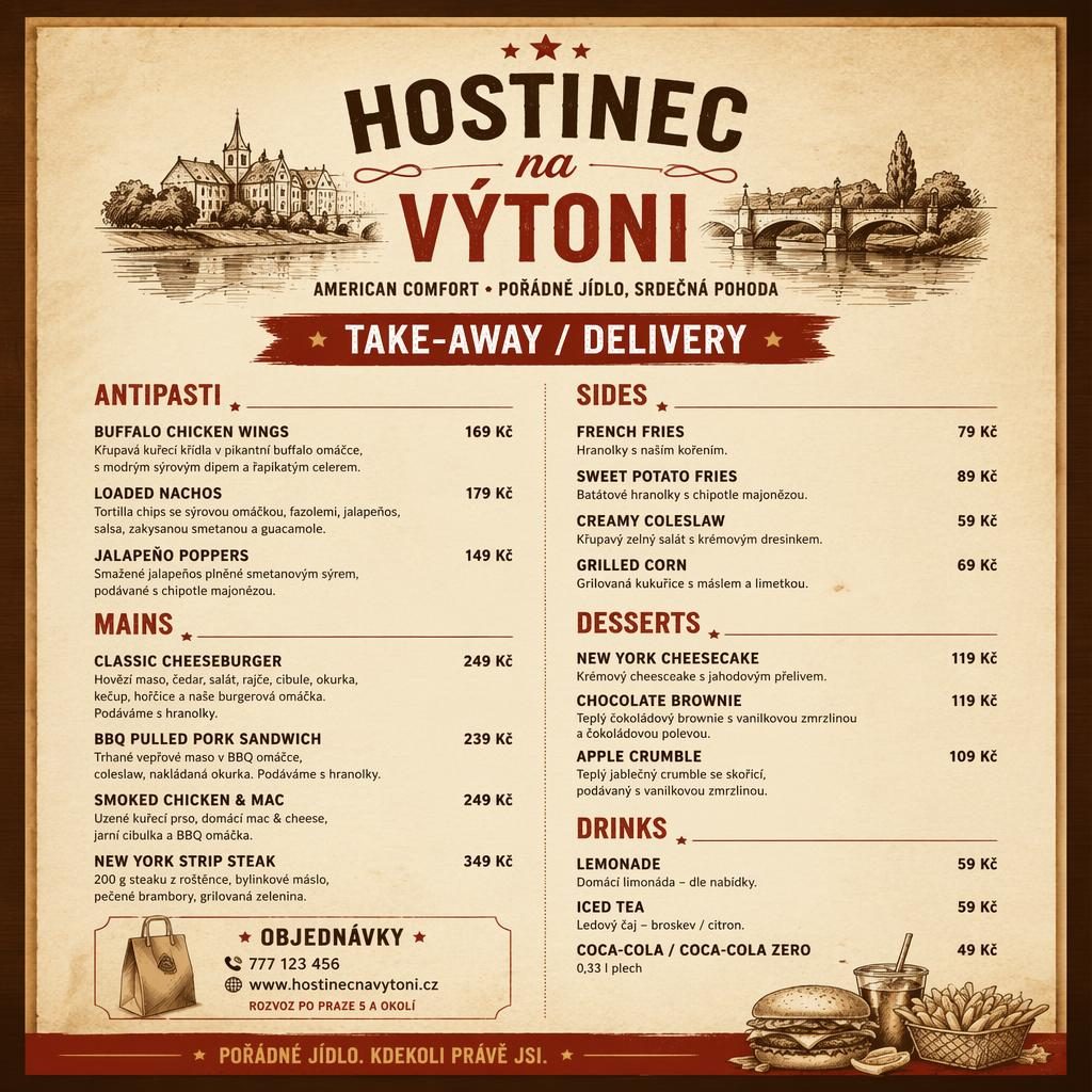 A4 menu karta Hostinec na Výtoni pro rozvoz, rustikální teplé tóny, sekce jídel, popisy a sloupec s cenami.