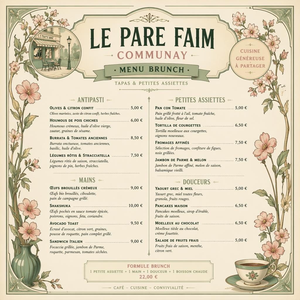 Carte de menu A4 en portrait, style vintage années 1920, palette printanière, brunch tapas avec en-tête décoratif.