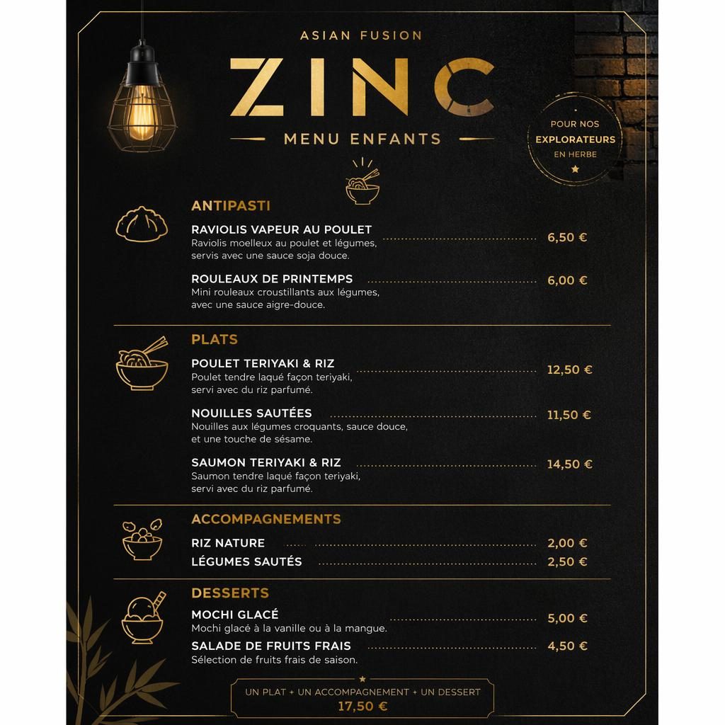 Carte de menu enfant menu zinc, format A4 portrait, style loft industriel noir et or, rubriques, plats et colonne de prix.