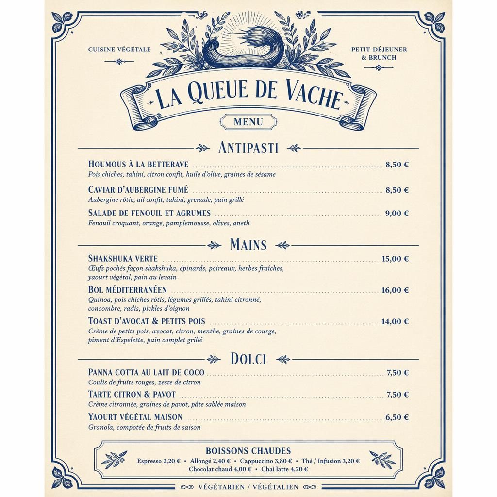 Carte de menu brunch A4 verticale, style années 1920, tons bleu méditerranéen et crème, typographie factice et colonne de prix.