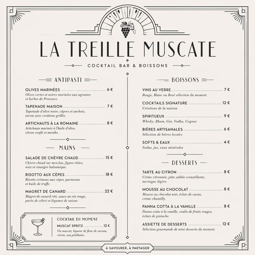 Carte de desserts A4 en portrait, style art déco monochrome, avec en-tête décoratif, rubriques, descriptions et prix.