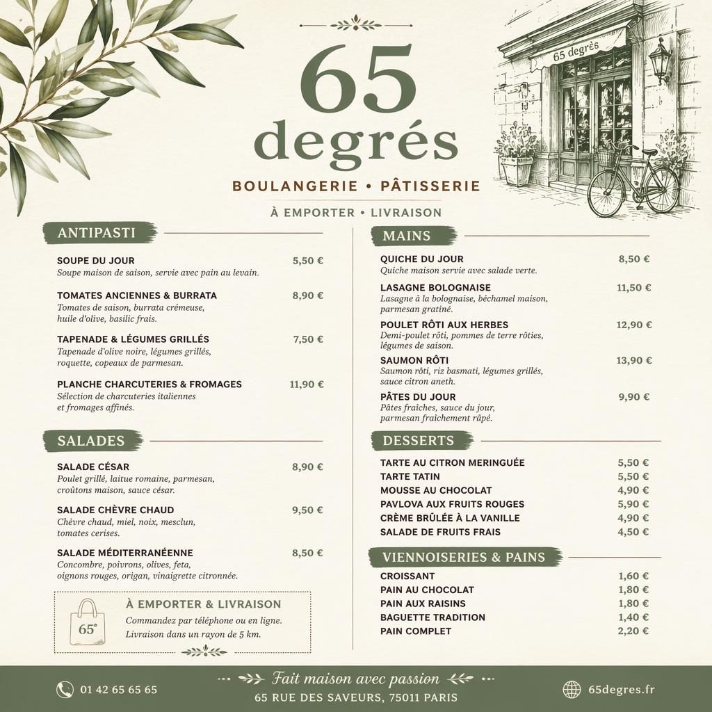 Carte de menu A4 portrait pour 65 degrés, style rustique chaud vert sauge et ivoire, rubriques, plats et colonne de prix.