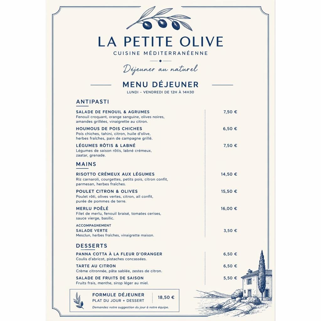 A4-Menükarte für ein Bio Restaurant im French-Bistro-Look, blau-cremefarben, mit Rubriken, Platzhaltertext und Preisen