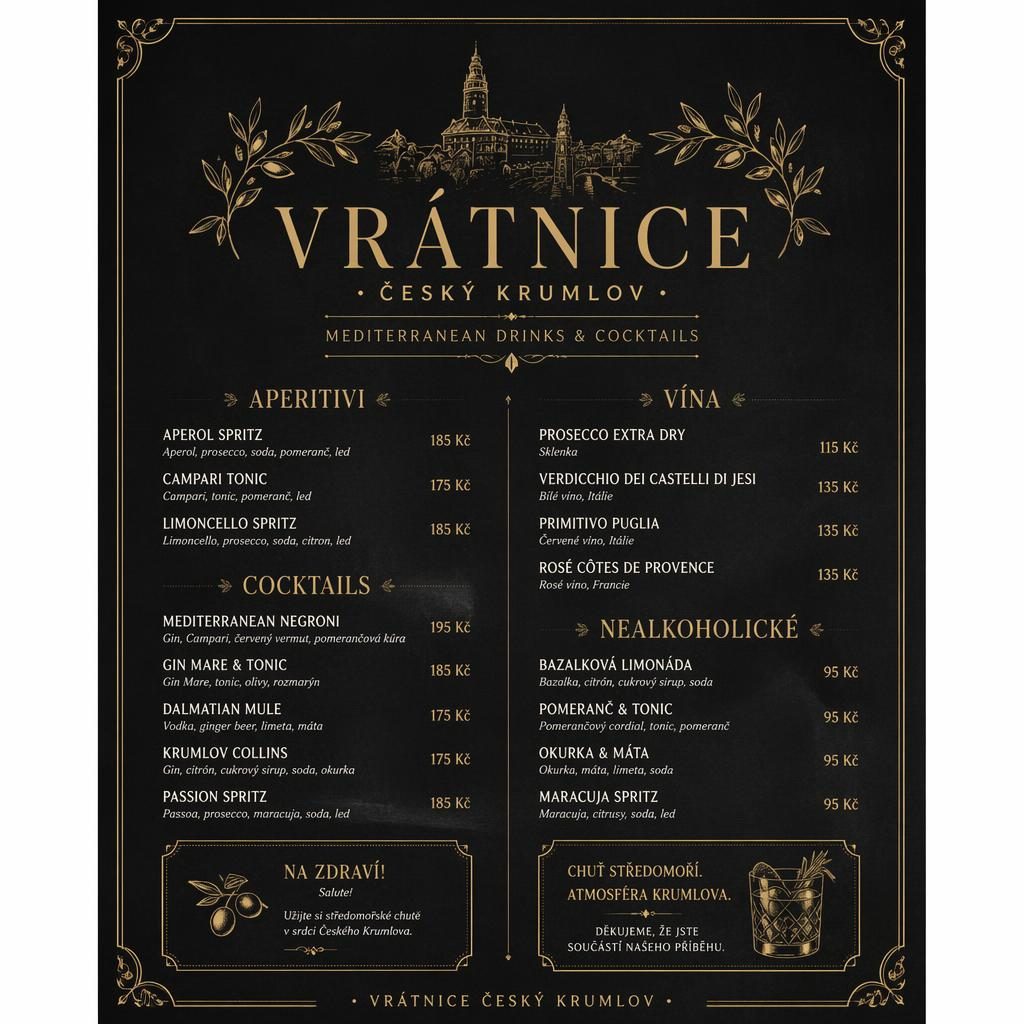 A4 koktejlový lístek pro vrátnice český krumlov, černá tabule se zlatými prvky, dekorativní hlavička a ceny.