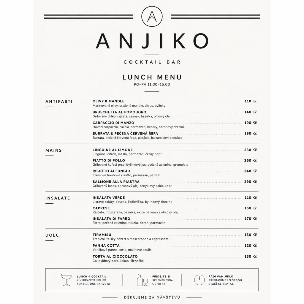 Minimalistická černobílá karta anjiko menu ve formátu A4 na výšku s dekorativní hlavičkou a sloupce cen.