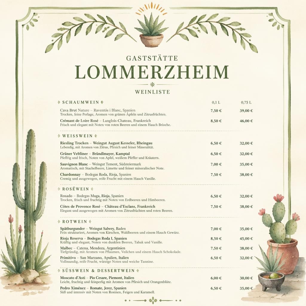A4-Menükarte im Hochformat für gaststätte lommerzheim, Weinkarte in Aquarelloptik mit Salbei-Elfenbein-Palette.
