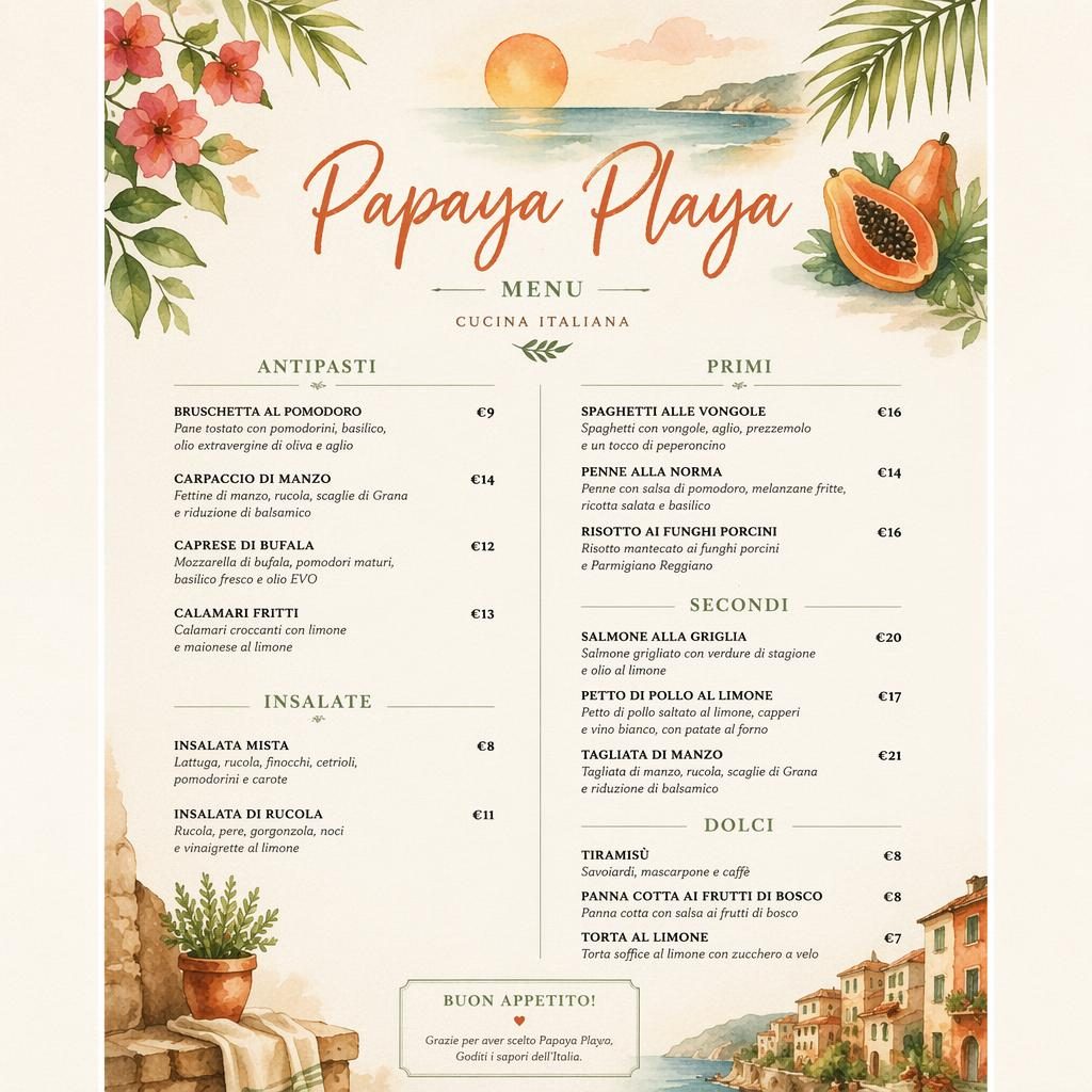 A4 portrait Italian wine list menu card with watercolor styling, warm earth tones, decorative header, placeholder dishes and prices.
